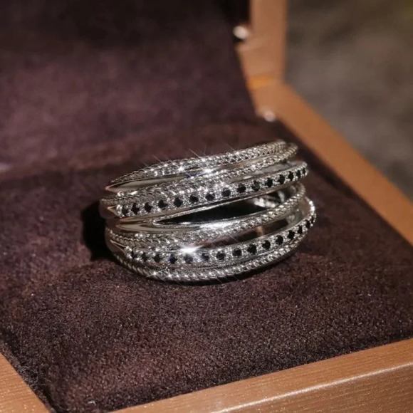 Black Sapphire Diamond Layered Wide Ring Band - Picture 3 of 6